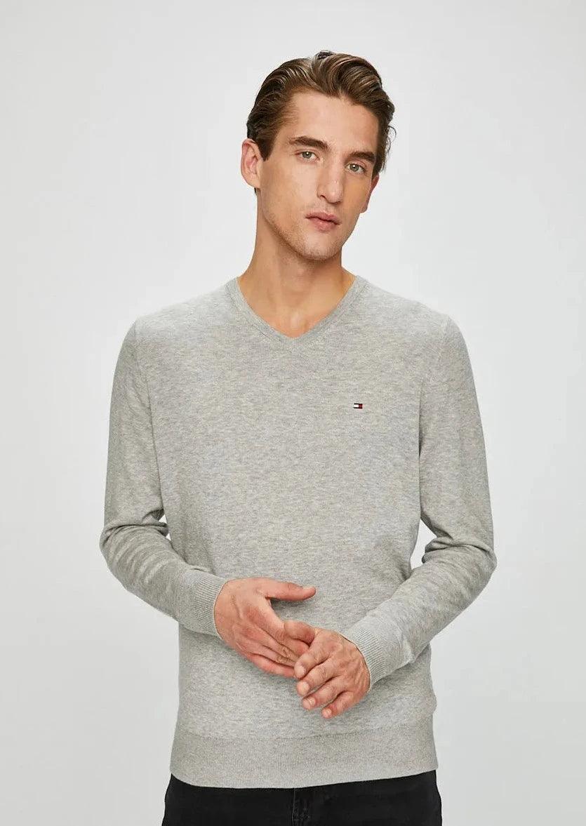 Pull col V Tommy Hilfiger gris coton pima et cachemire - Georgespaul