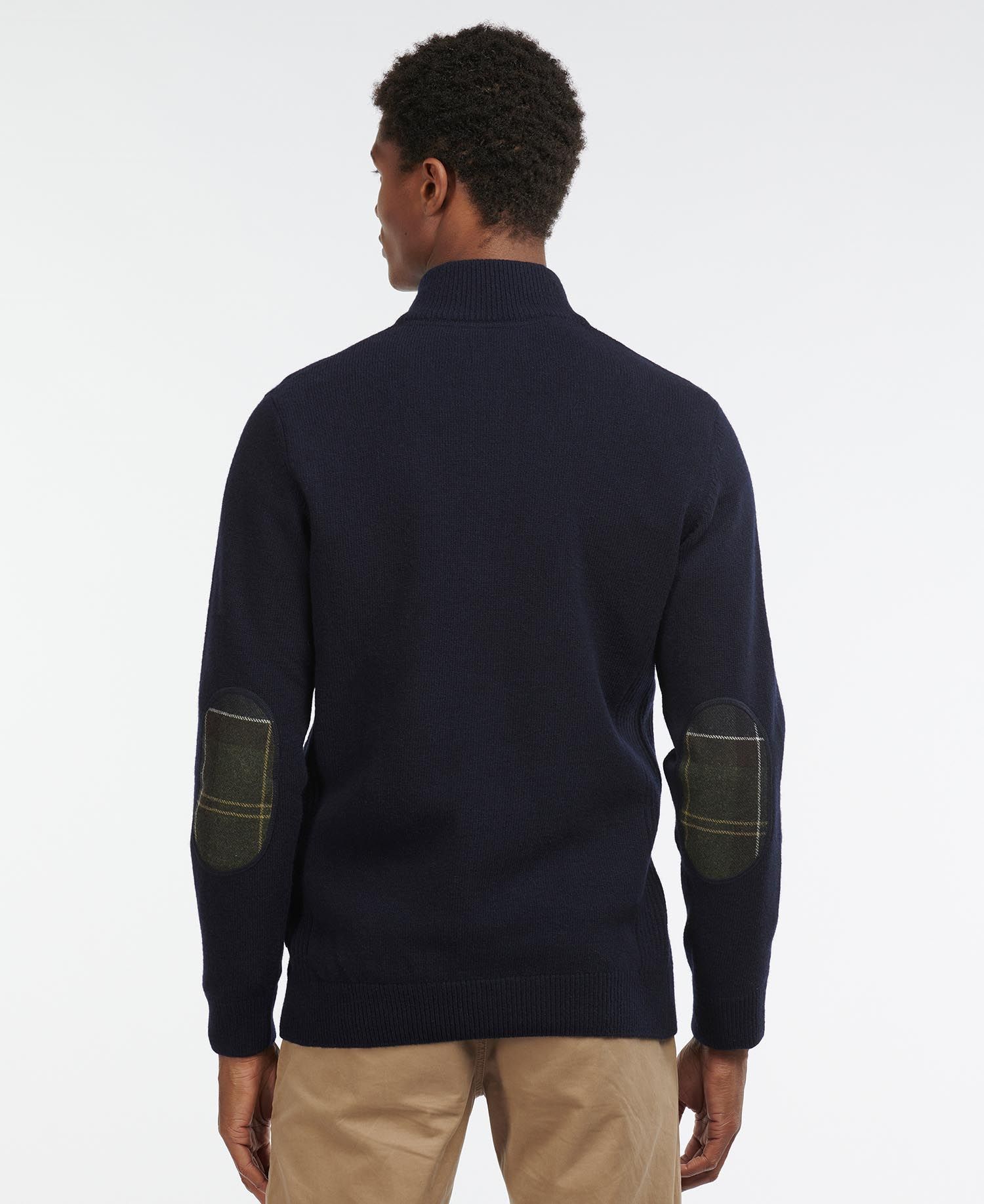 Barbour-Pullover aus marineblauer Wolle mit halbem Reißverschluss und Ellbogenaufnähern