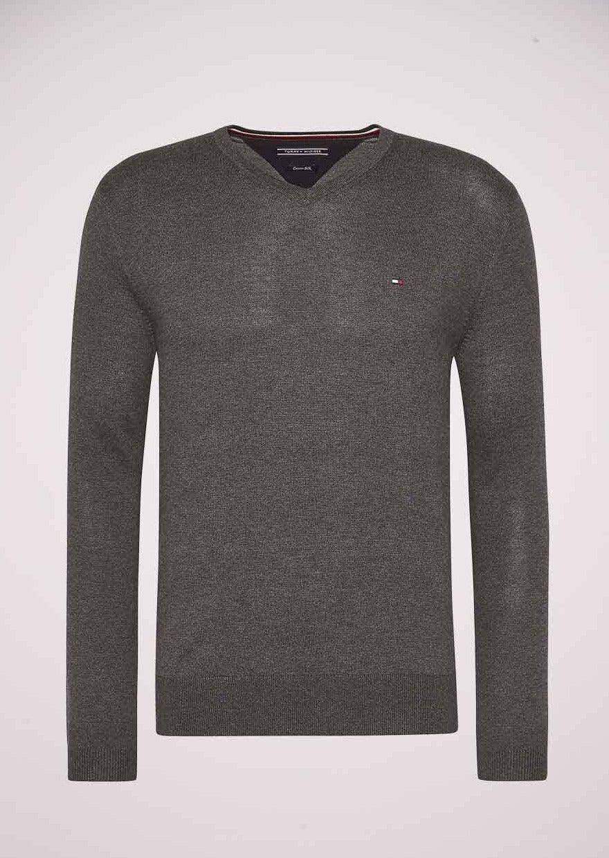 Pull col V Tommy Hilfiger gris anthracite coton pima et cachemire - Georgespaul