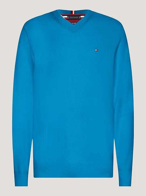 Pull col V Tommy Hilfiger bleu en cachemire - Georgespaul