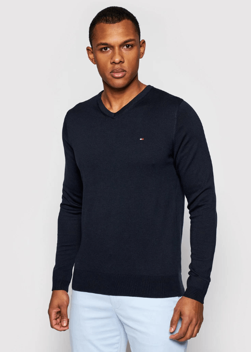 Pull col V Tommy Hilfiger marine coton pima et cachemire - Georgespaul