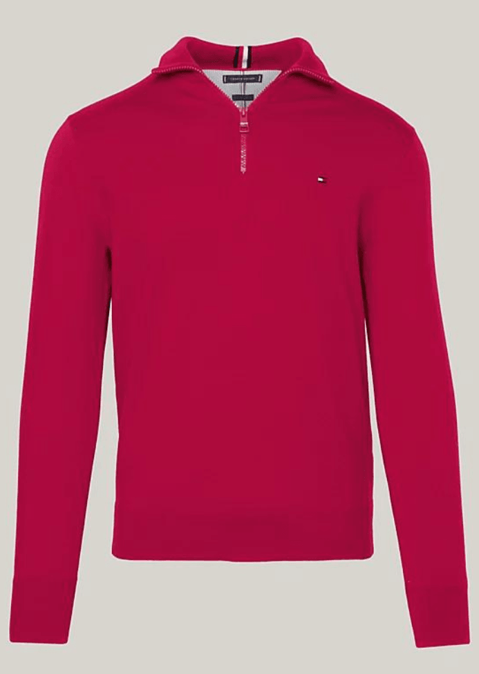 Pull demi zip Tommy Hilfiger bordeaux en coton bio - Georgespaul