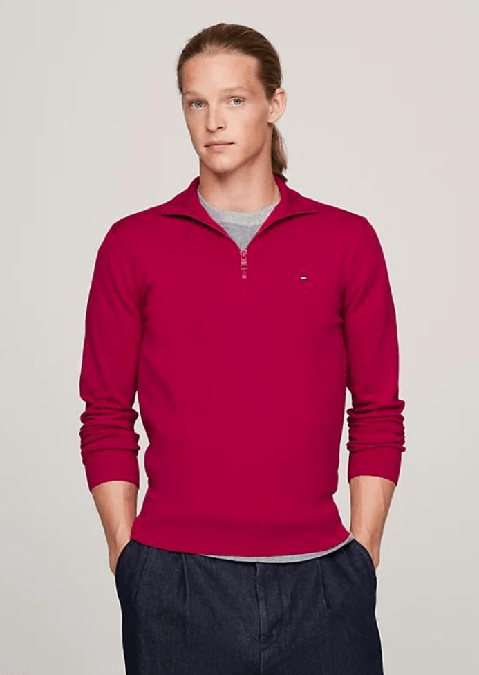 Pull demi zip Tommy Hilfiger bordeaux en coton bio - Georgespaul