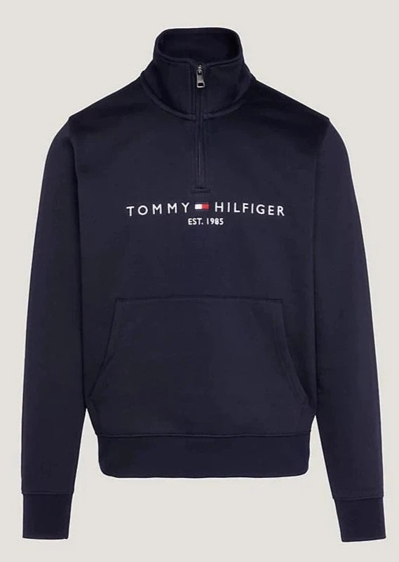 Pull demi-zip Tommy Hilfiger marine en coton bio | Georgespaul