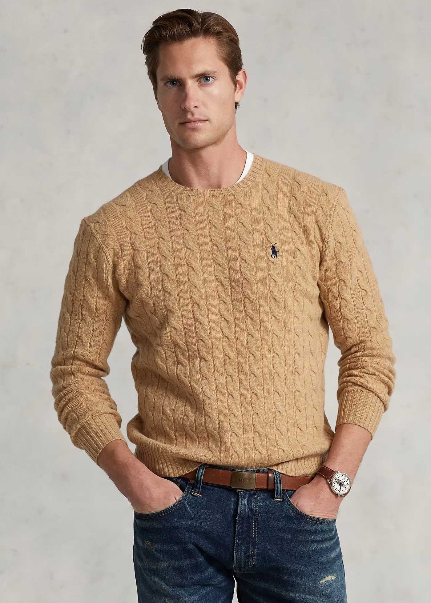 Pull torsadé Ralph Lauren marron pour homme | Georgespaul