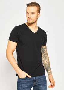 T-Shirt à logo Tommy Hilfiger noir col V en coton bio