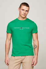 Charger l&#39;image dans la galerie, T-Shirt logo poitrine Tommy Hilfiger vert coton bio
