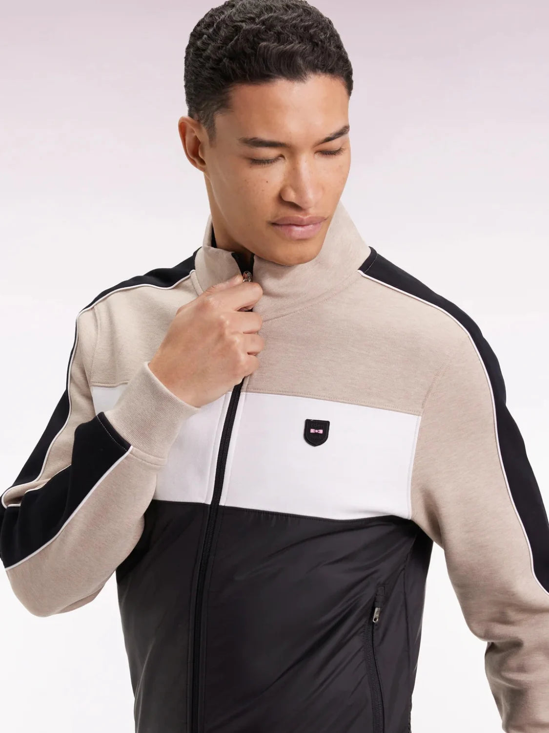 sweat-zippe-bi-matiere-beige-homme-zoom