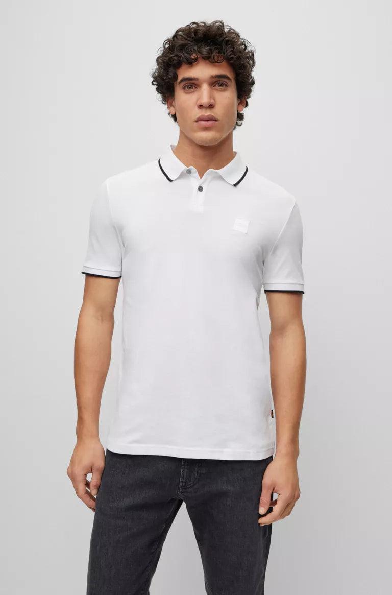 Polo à liserés BOSS blanc en coton stretch - Georgespaul